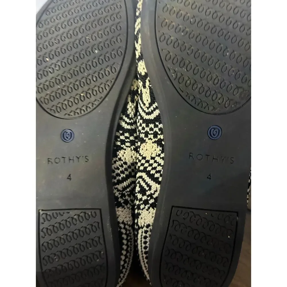 Rothy's Kids Sz 4 Bow Mary Jane Black & Cream Mosaic Pattern Back to School